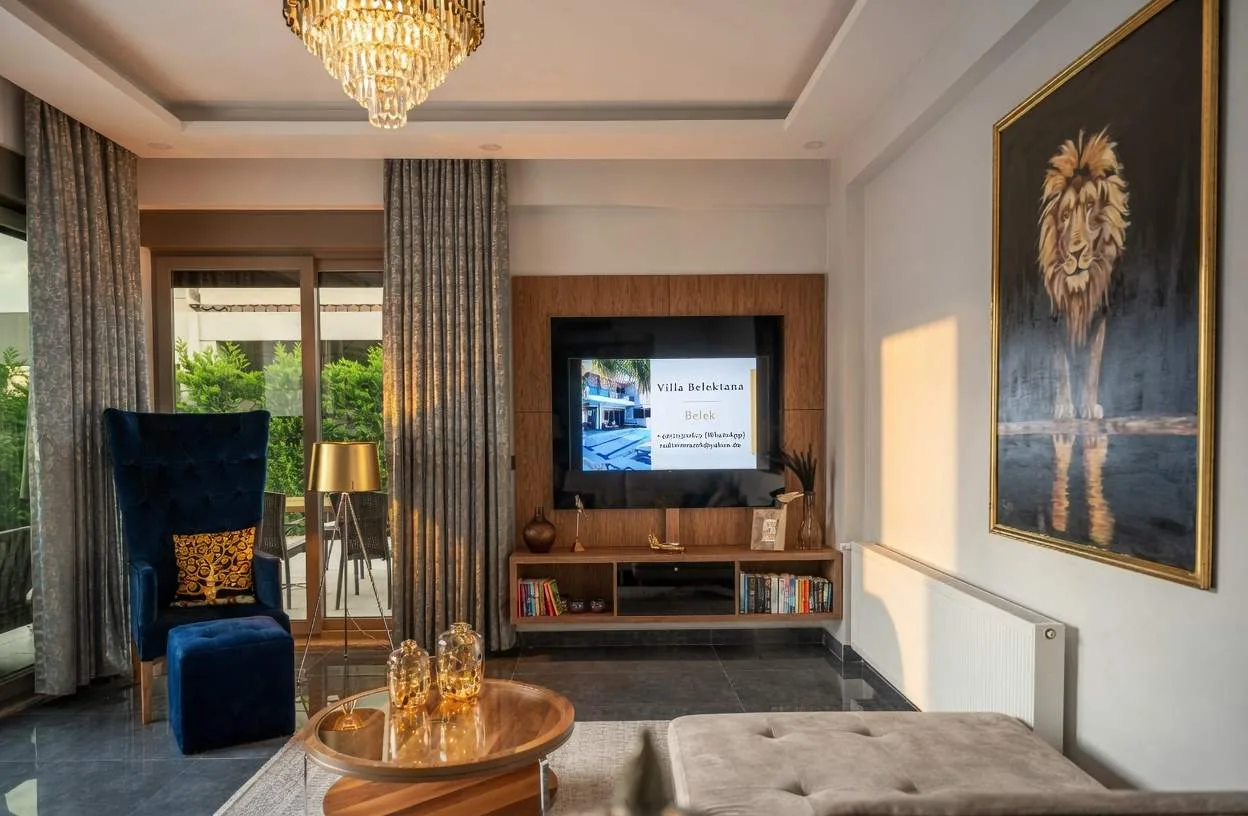 Living room of Villa Belektana with chandelier and velvet armchair